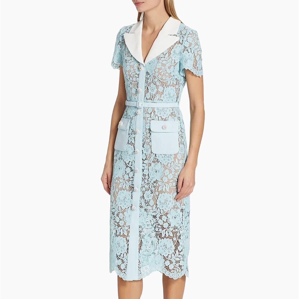 NWT Self-Portrait Cord Laced Belted Midi Dress in Blue Size 2
